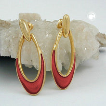 Lade das Bild in den Galerie-Viewer, Ohrstecker Ohrhänger Ohrringe 42x16mm aus Metall mit Farbeinlage Messinglegierung rostbraun glänzend emailliert