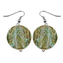 Lade das Bild in den Galerie-Viewer, Ohrhaken Ohrhänger Ohrringe 44x22mm Scheibe Kunststoff graviert oliv-türkis