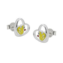 Lade das Bild in den Galerie-Viewer, Ohrstecker Ohrring 8mm Kinderohrring kleine Ente im Herz farbig lackiert Silber 925