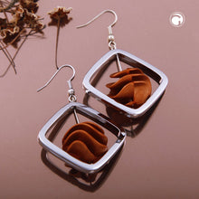 Lade das Bild in den Galerie-Viewer, Ohrhaken Ohrhänger Ohrringe 58x39mm Viereckrahmen silberfarben mit Spiralperle kupferbraun Kunststoff
