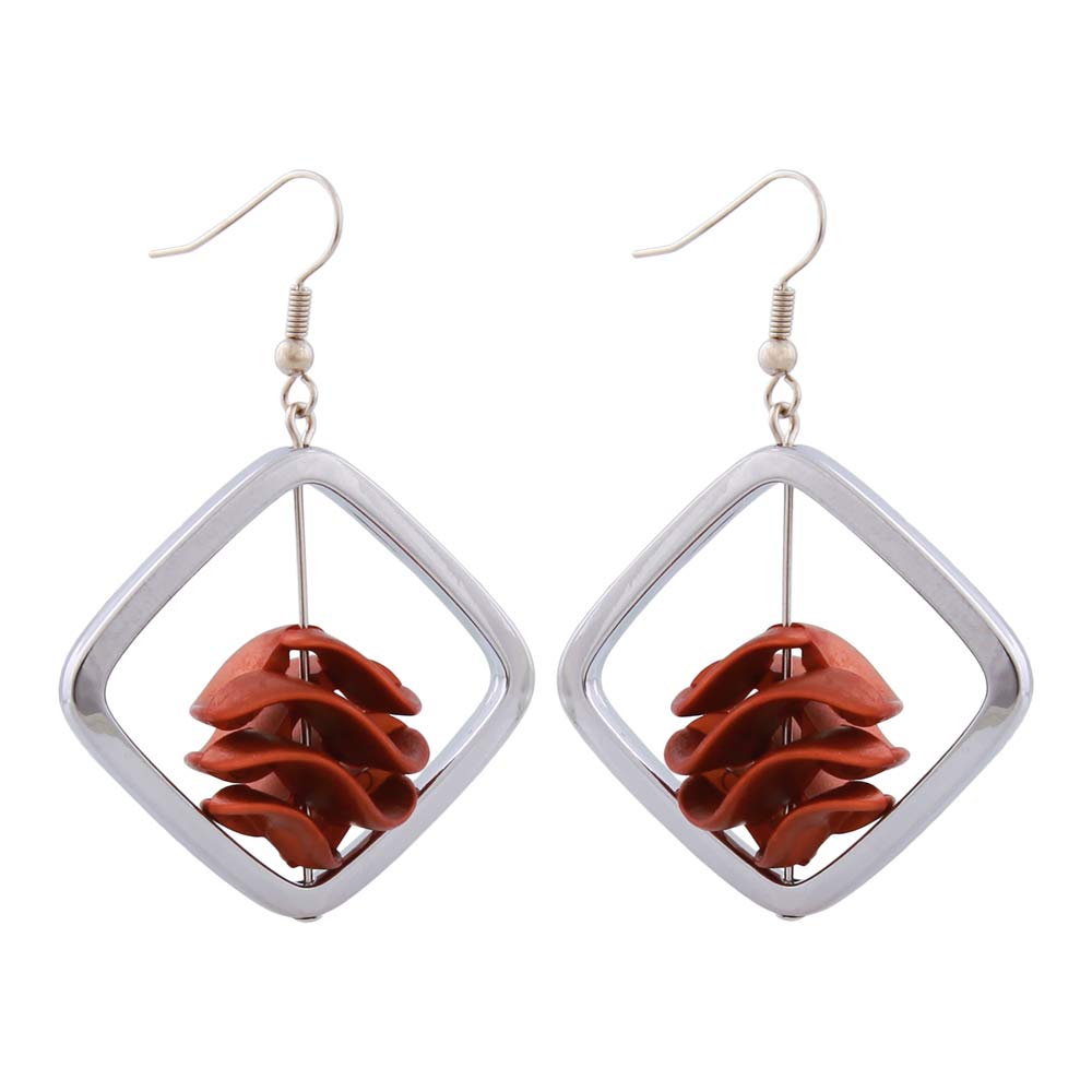 Ohrhaken Ohrhänger Ohrringe 58x39mm Viereckrahmen silberfarben mit Spiralperle kupferbraun Kunststoff