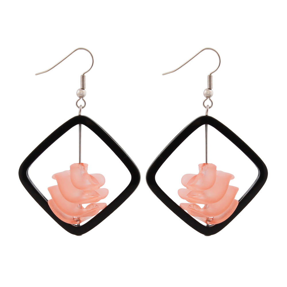 Ohrhaken Ohrhänger Ohrringe 58x39mm Viereckrahmen schwarz mit Spiralperle apricot-transparent Kunststoff