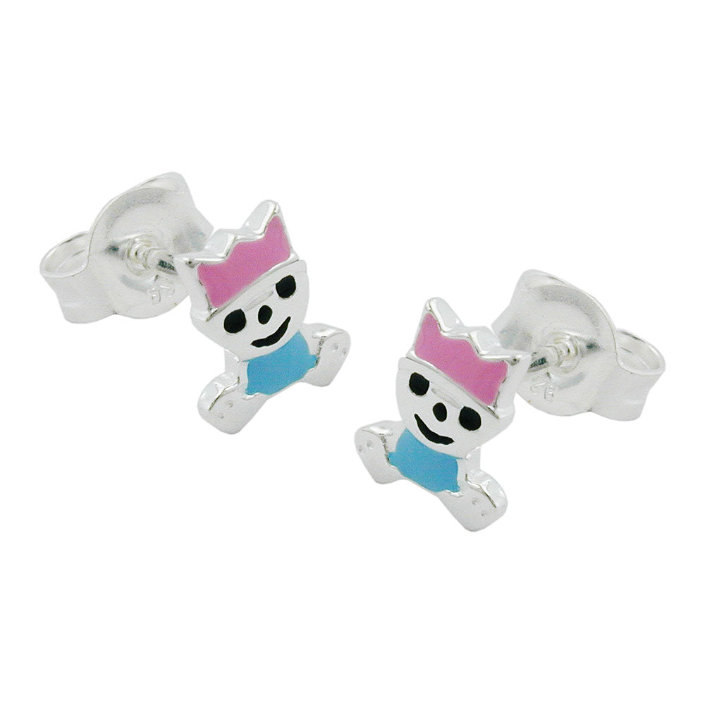 Ohrstecker Ohrring 7x6mm kleiner König pink-hellblau lackiert Silber 925