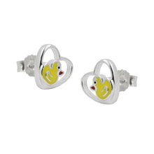 Lade das Bild in den Galerie-Viewer, Ohrstecker Ohrring 8mm Kinderohrring kleine Ente im Herz farbig lackiert Silber 925
